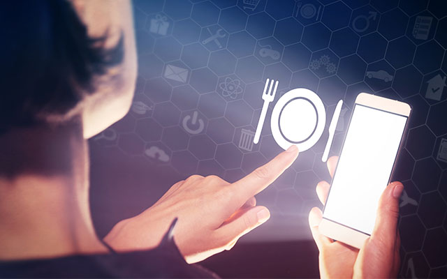 Woman choosing plate on stylized phone - Newsletter Sign Up